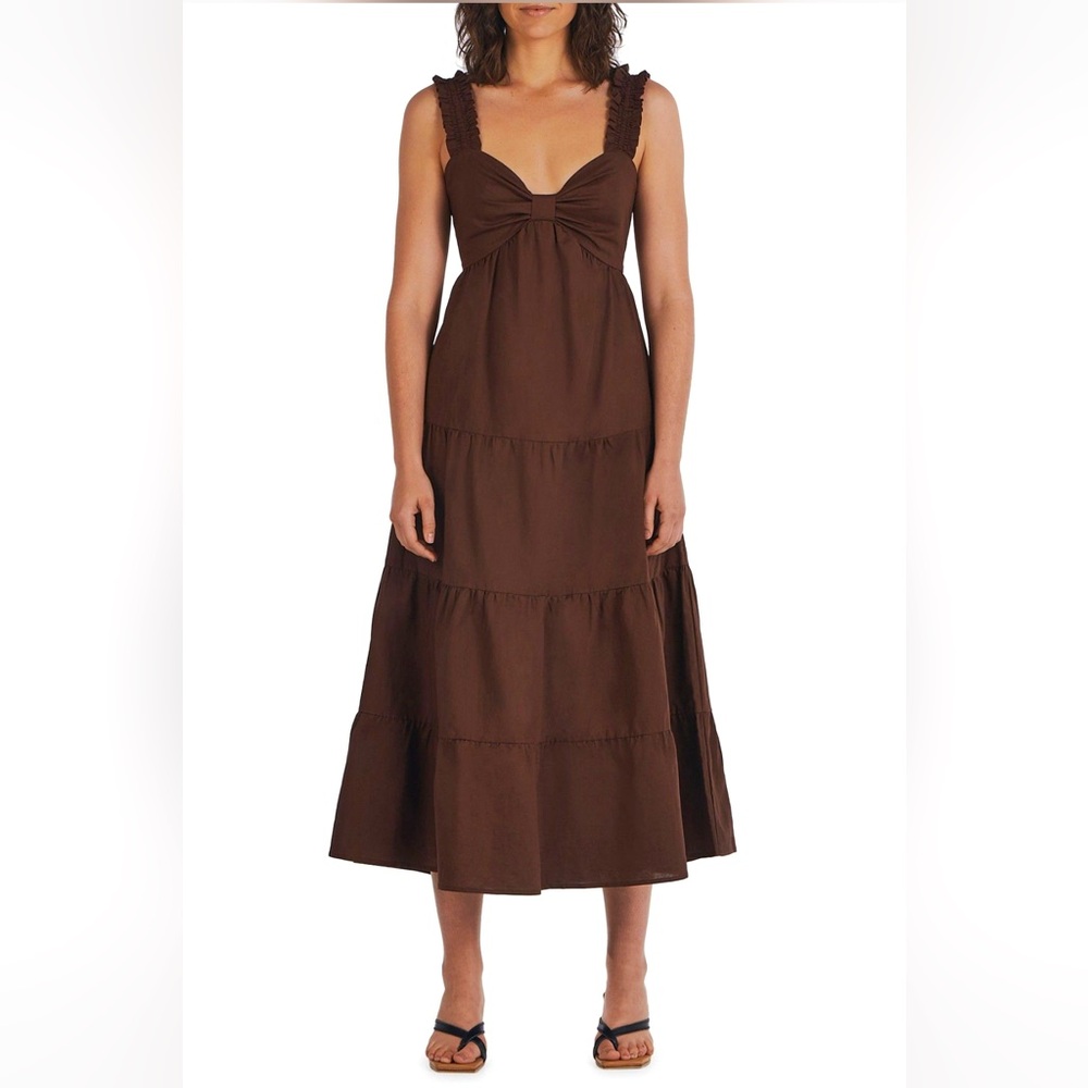 Charlie Holiday Diana Tiered Linen Chocolate Midi Dress Sleeveless, Women’s Sz M